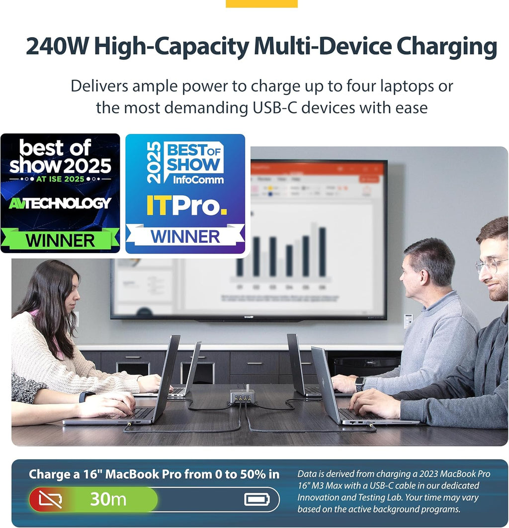 StarTech.com 4-Port USB-C Charging Station, 240W GaN Charger Block for MacBook Pro/Air, iPhone 16/15/Pro, iPad Pro, Dell XPS, Pixel and More