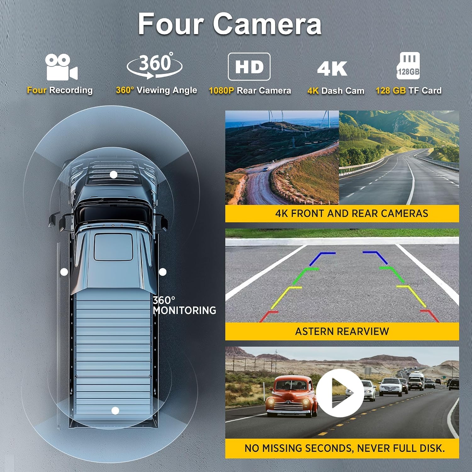 ASLONG 10.36' Wireless CarPlay Screen for Car & 4K 4CH Dash Cam with Android Auto, Portable HD Touchscreen Car Stereo with 1080P Backup Camera, GPS Navigation Mirror Link for Semi Trailer Truck