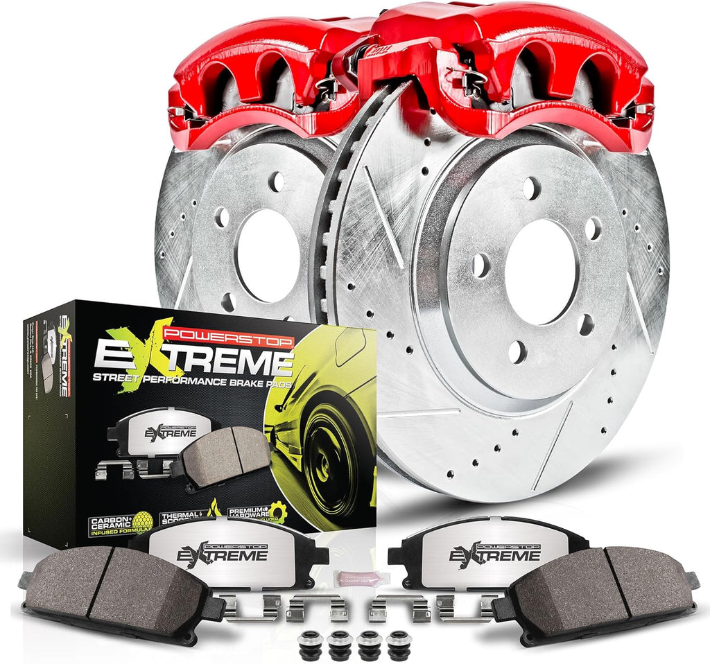 PowerStop Front Brake & Caliper Kit for Honda Civic 2006-11 - Drilled & Slotted Disc Rotors + Carbon-Fiber Ceramic Brake Pads + Red-Powder Coated Calipers, KC2384-26