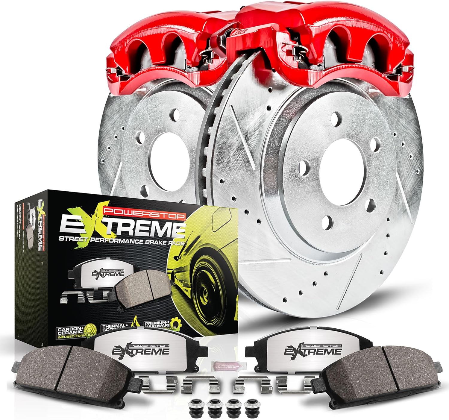 PowerStop Front Brake & Caliper Kit for Honda Civic 2006-11 - Drilled & Slotted Disc Rotors + Carbon-Fiber Ceramic Brake Pads + Red-Powder Coated Calipers, KC2384-26