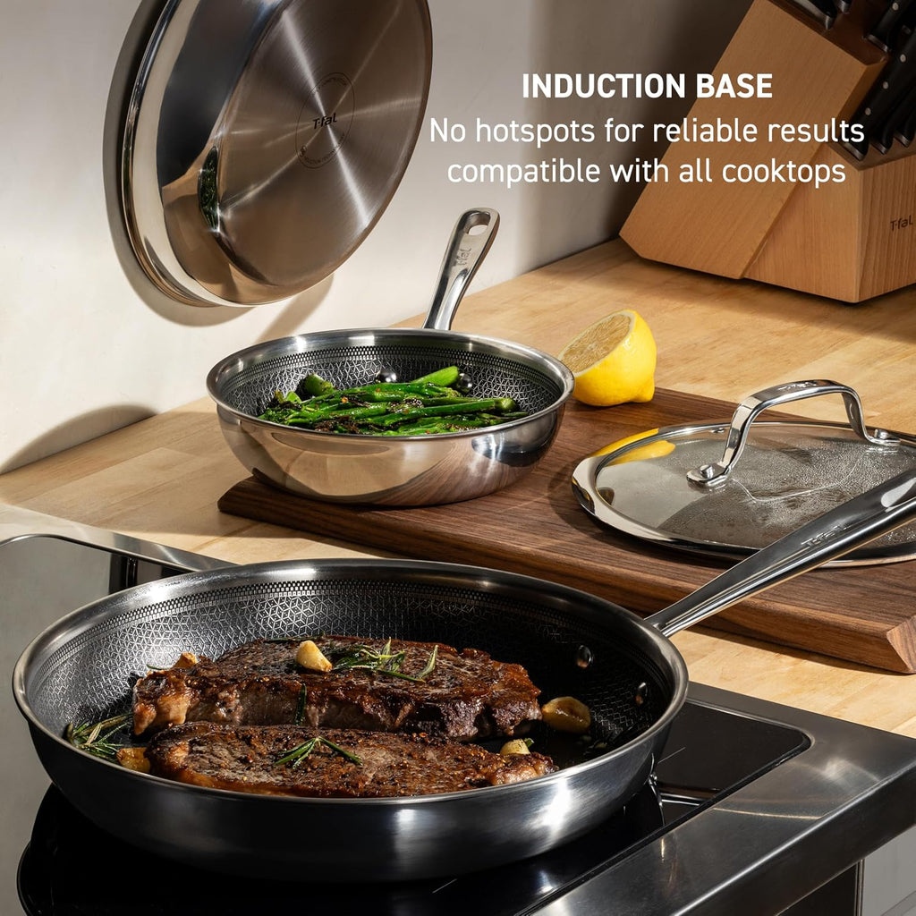 T-fal HybridMesh Tri-Ply Stainless Steel Fry Pan 10.25 Inch, Induction Oven Safe 500F, Metal Utensil Safe, Ideal For Searing, Cookware, Dishwasher Safe Pots and Pans, Needs Pre-Heating, Silver/Black