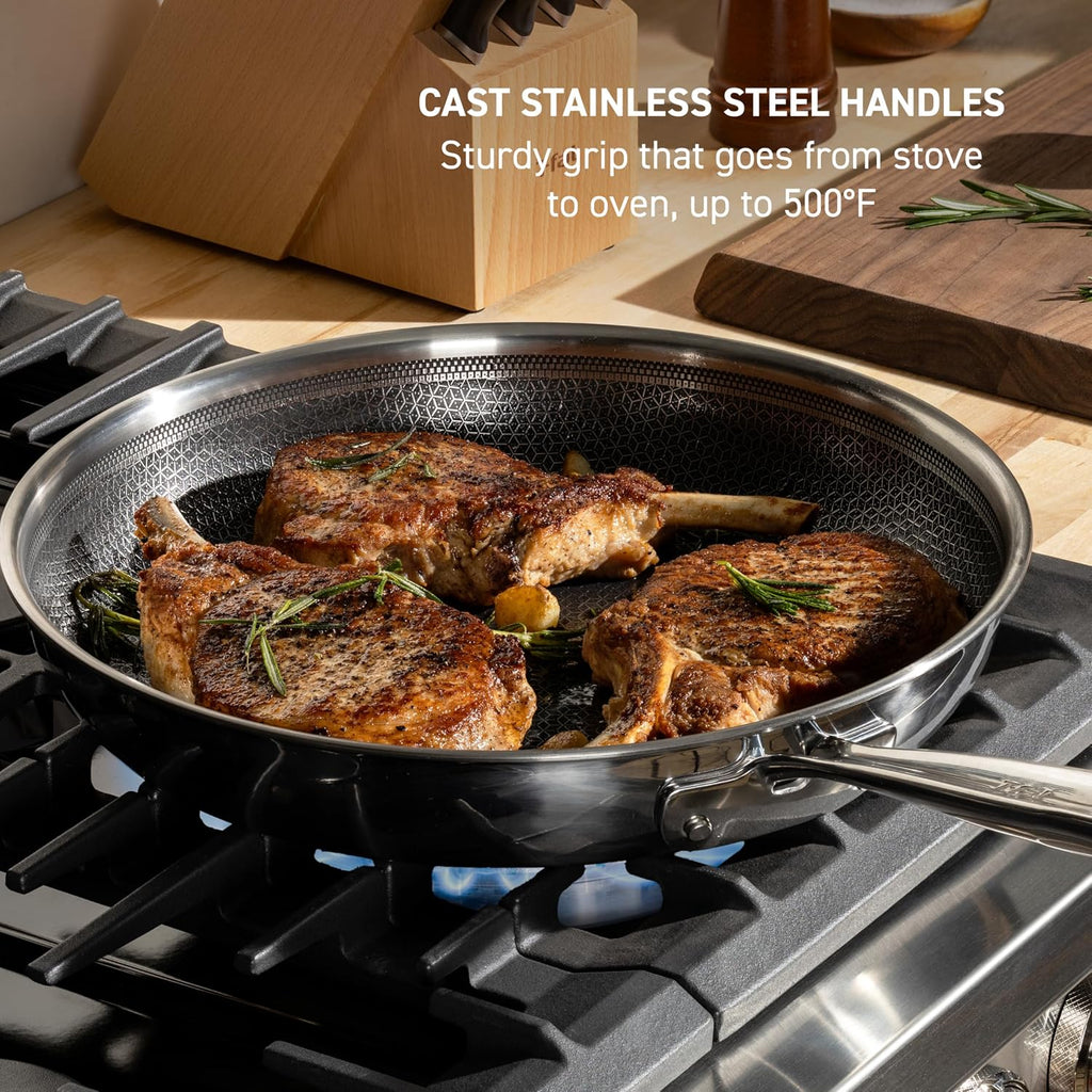 T-fal HybridMesh Tri-Ply Stainless Steel 3 Piece Frypan Cookware Set, 8, 10.25, 12 Inch, Induction Oven Safe 500F, Metal Utensil Safe, Pots and Pans, Dishwasher Safe, Needs Pre-Heating, Silver/Black