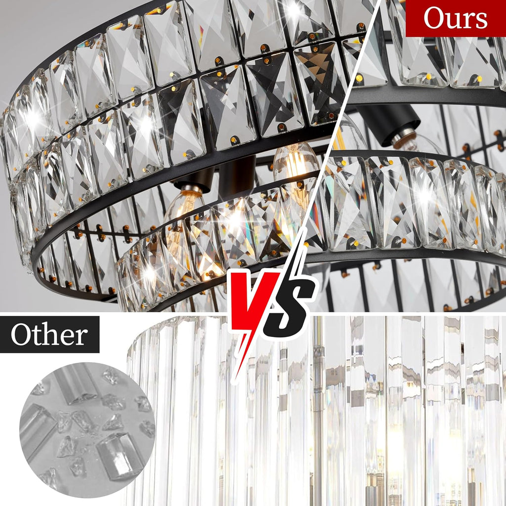 Black Crystal Chandelier 6-Light, 20 Inch Drum Semi-Flush Mount Pendant Light, Modern Ceiling Fixture for Dining Room, Foyer, Bedroom