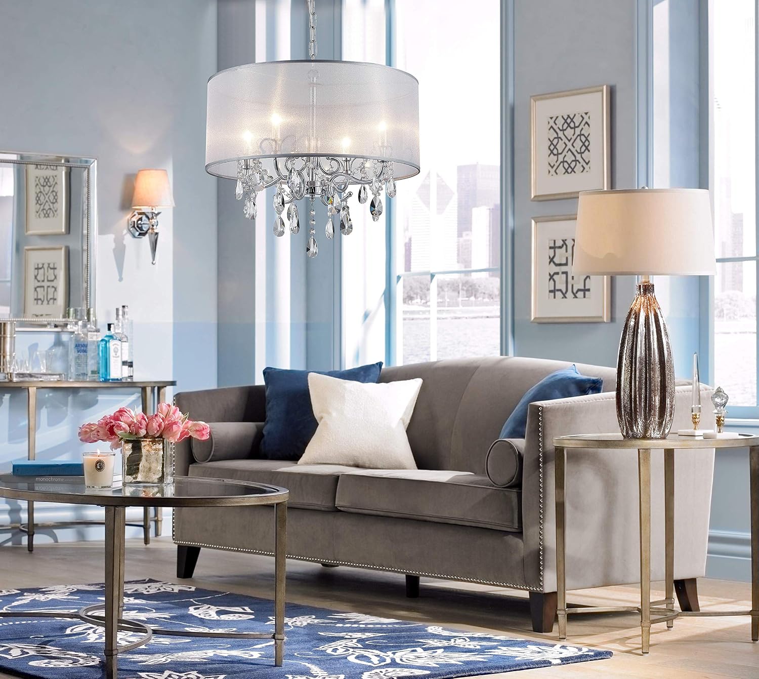 Bestier Modern Elegant Crystal Pendant Drum Chandelier 4 Light Chrome Lighting Fixture LED Ceiling Light Dia 19 in x H 18 in