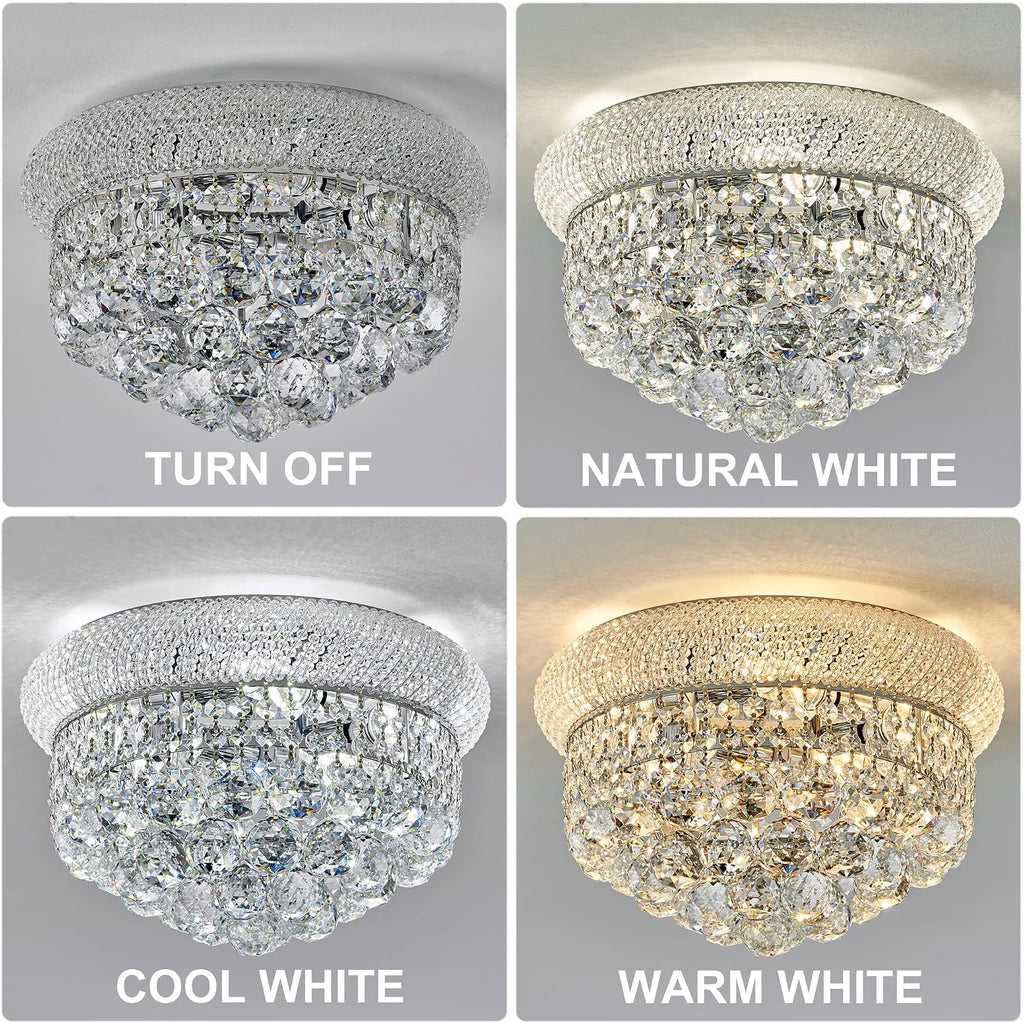 Crystal Flush Mount Chandelier Ceiling Light Fixture for Living Room Dining Room Bedroom Foyer Entryway Hallway Closet Bathroom (Chrome, 9' H x14 D)