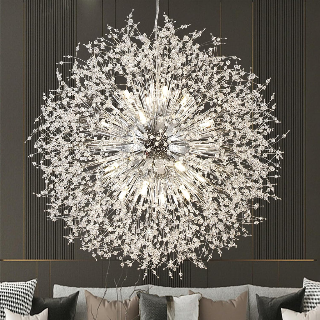 Modern Crystal Chandelier Firework, 31.4' Dandelion Crystal Chandelier Lighting Chrome, 16-Light Steel Large Pendant Sputnik Chandelier for Living Room Foyer