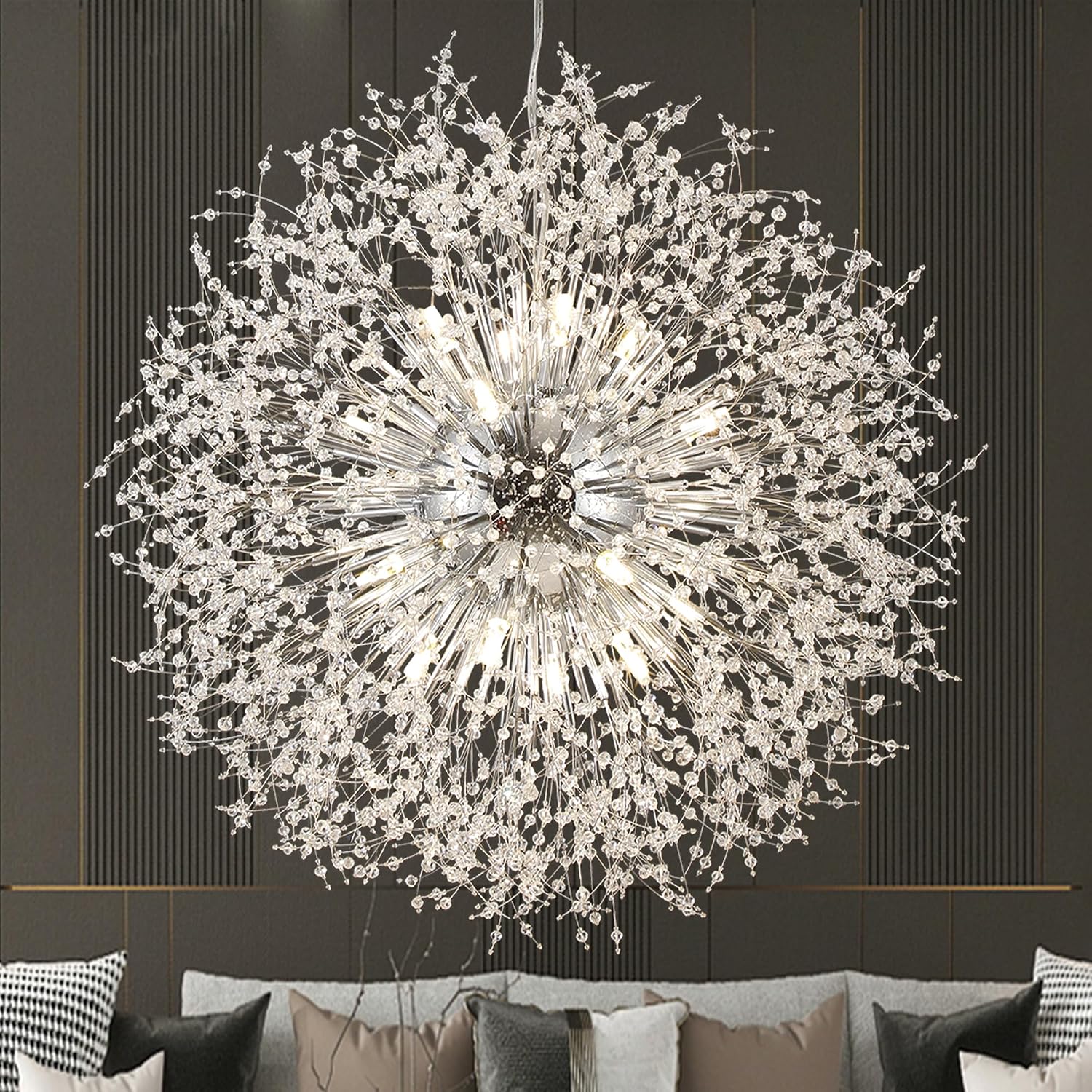 Modern Crystal Chandelier Firework, 31.4' Dandelion Crystal Chandelier Lighting Chrome, 16-Light Steel Large Pendant Sputnik Chandelier for Living Room Foyer