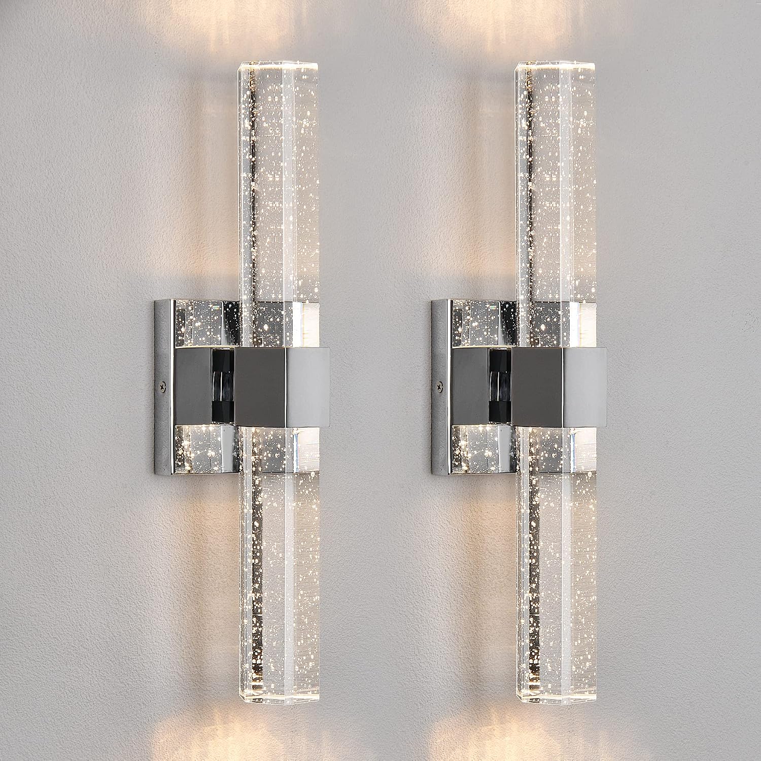 Epinl Wall Sconces Set of Two - Crystal Chrome Wall Sconces 14W Dimmable LED Bathroom Vanity Light Bubble Wall Lights for Bedroom Living Room Hallway