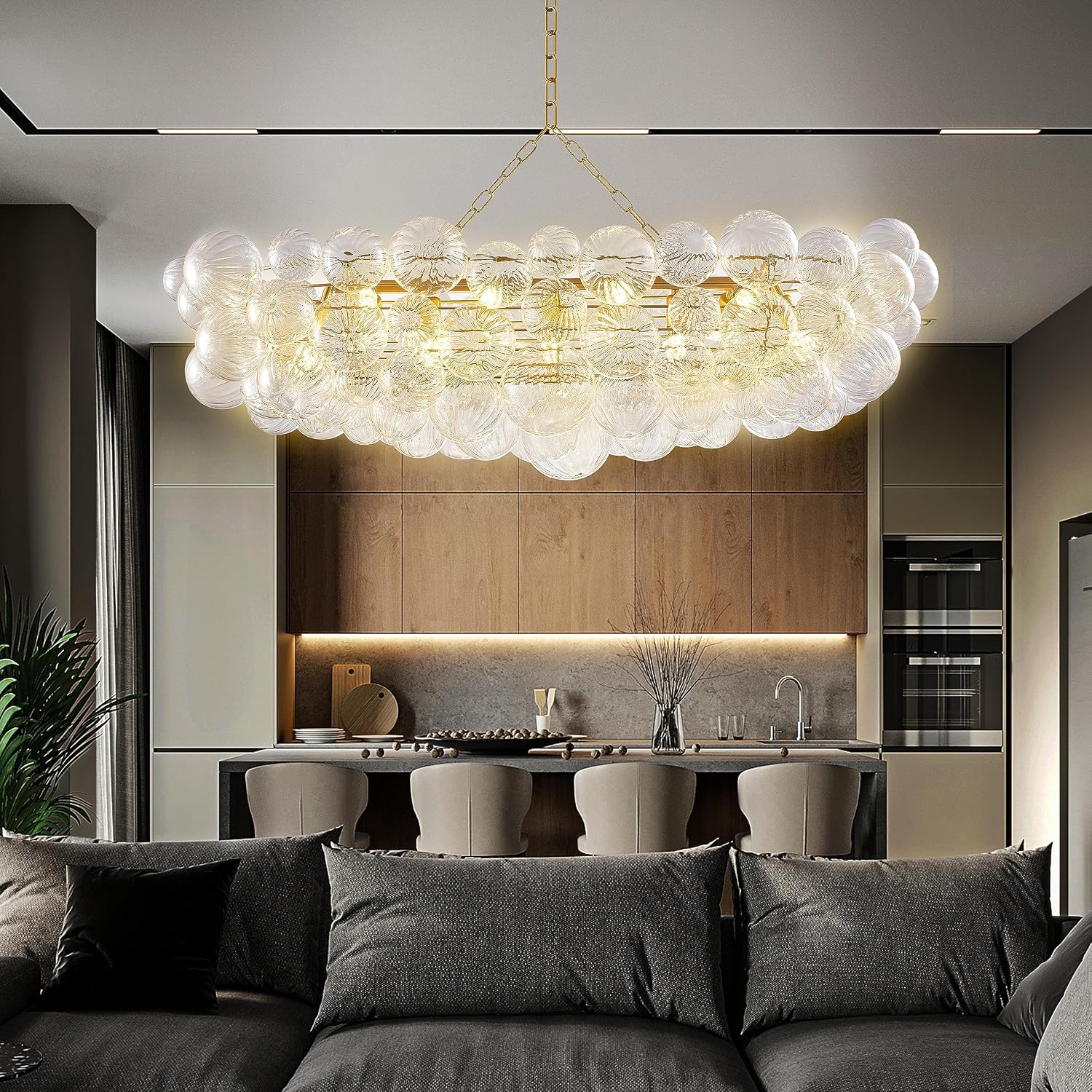 Nordic Bubble Ball Swirled Glass Chandelier, 36' Long Rectangular Chandeliers Island Light Fixture Gold and Clear Blown Glass Large Pendant Light Fixture for Bedroom Study Restaurant Dining Table