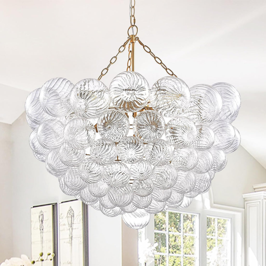 Longree Nordic Bubble Ball Swirled Glass Chandelier, Diam 31' Gild Gold and Clear Modern Hand Blown Glass Pendant Light Fixture 9-Light for Dining Room, Bedroom, Study, Restaurant, Hallway