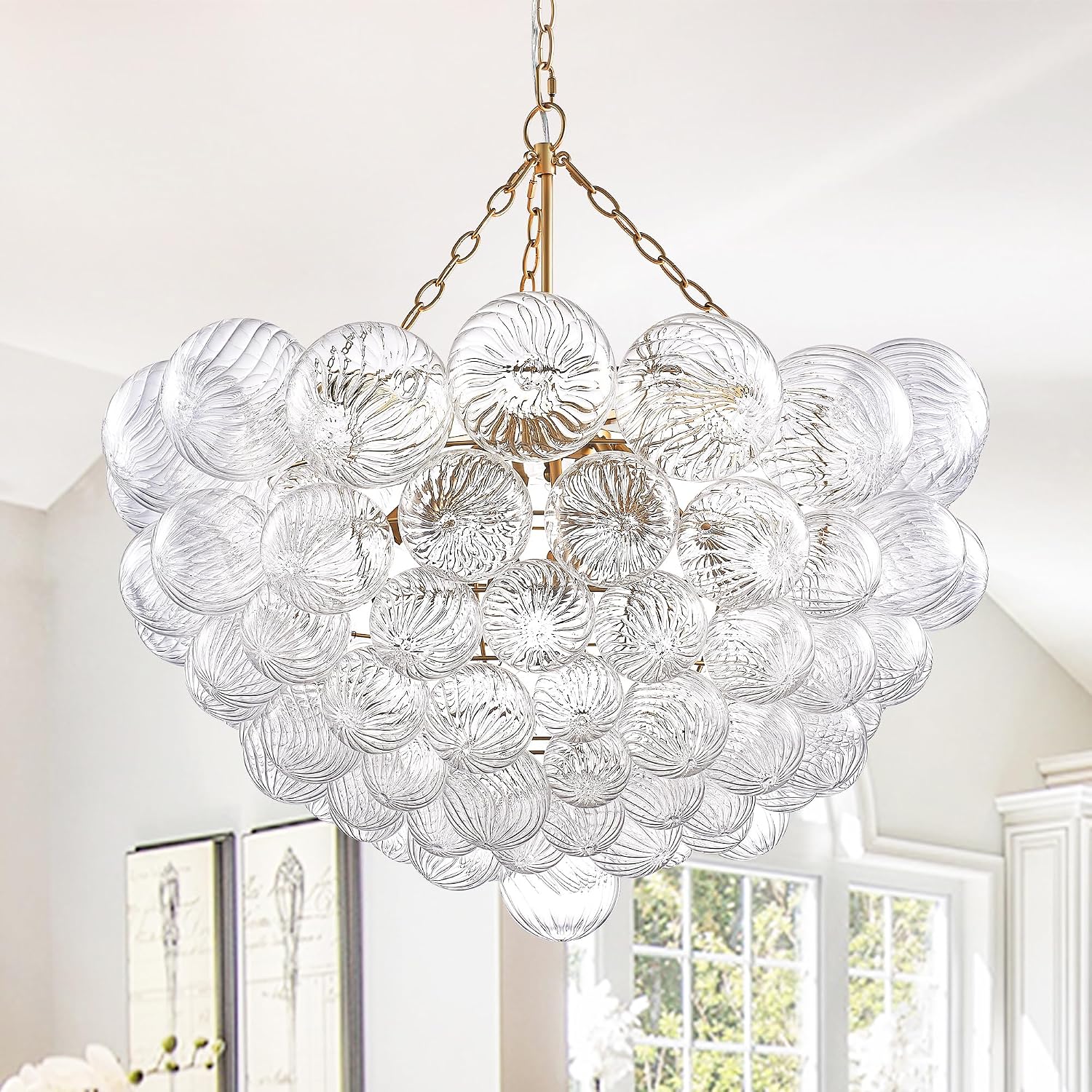 Longree Nordic Bubble Ball Swirled Glass Chandelier, Diam 31' Gild Gold and Clear Modern Hand Blown Glass Pendant Light Fixture 9-Light for Dining Room, Bedroom, Study, Restaurant, Hallway