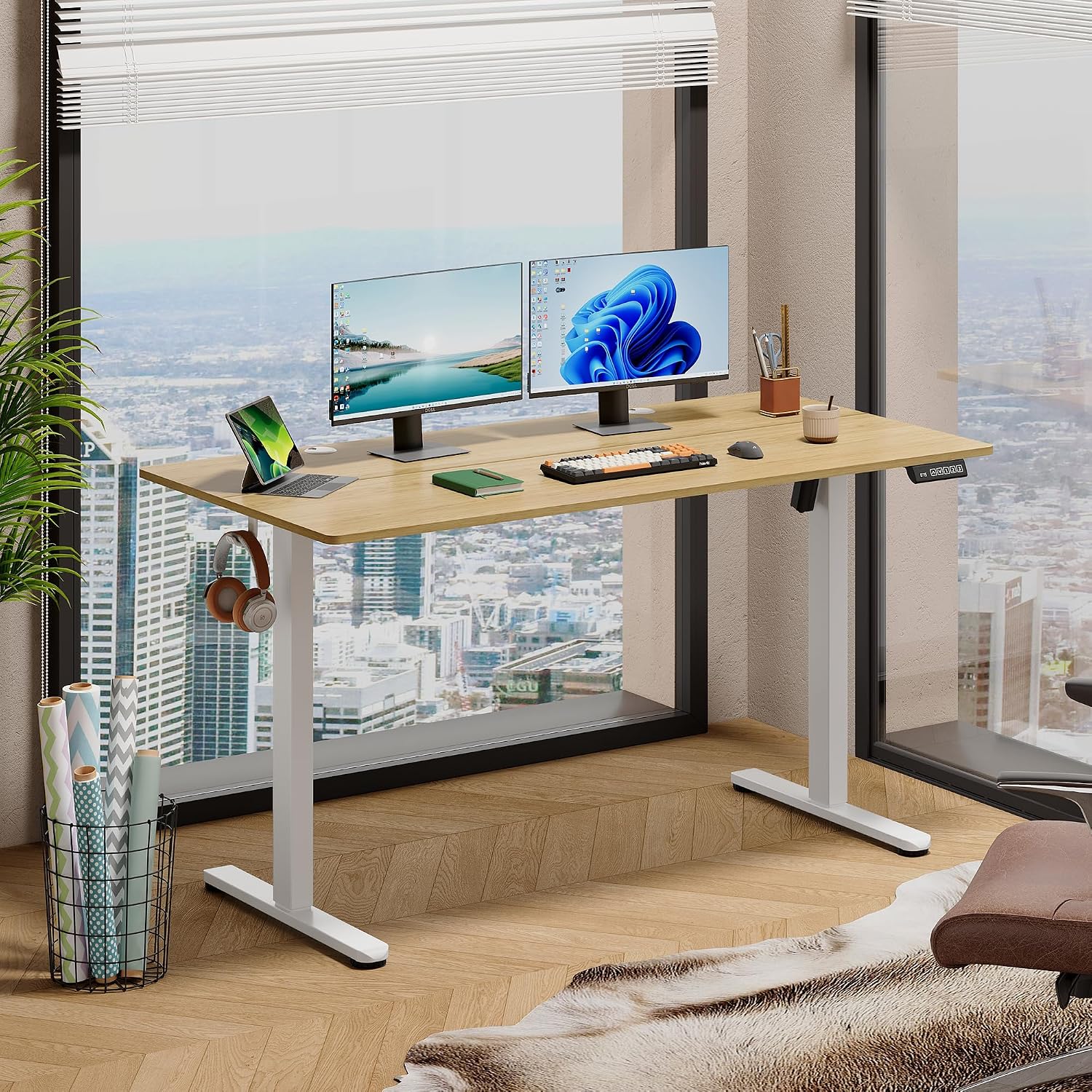 DEVAISE 55 x 28 Inches Electric Standing Desk, Adjustable Height Stand up Desk, Ergonomic Sit to Stand Desk with 3 Memory Preset, Adjustable Computer Desk for Home Office (Maple)