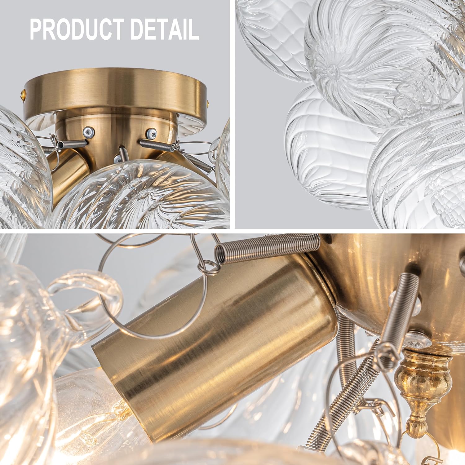GoYeel Semi Flush Chandelier Gold, Modern Light Fixtures Ceiling Mount Lighting Pendant 3 Light Dining Chandeliers Over Table Glass 18.5' 13 Clear Swirled Globe for Foyer Bedroom Kitchen