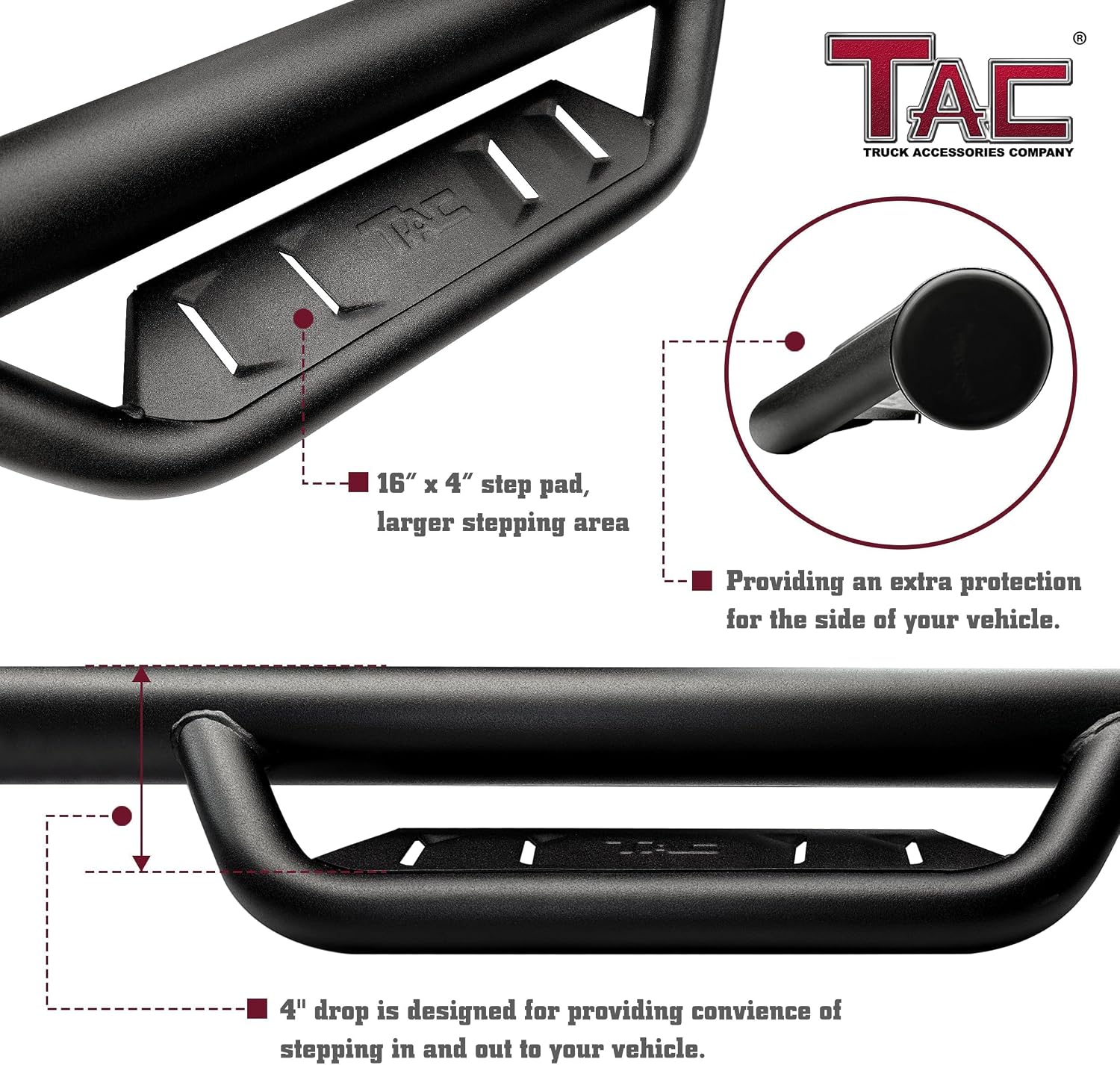 TAC Running Boards Compatible with 2005-2026 Nissan Frontier Crew Cab | 4' Drop Side Steps Nerf Bars | Pickup Truck Off-Road Exterior Accessories | Tubular Style Fine Texture Black