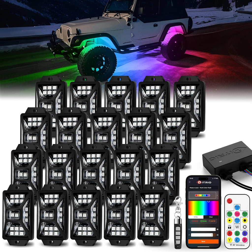 20 Pods Five Sided RGB Rock Lights for Trucks Jeep UTV SUV ATV Golf Cart, Multi Chasing Color App/Remote Control Led Rock Lights with Music Mode, Waterproof Exterior Underglow Kits for Cars(Patented)