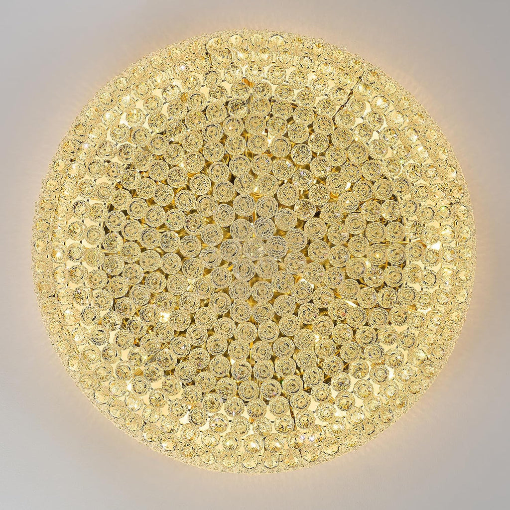 27-Light Large Crystal Chandelier Flush Mount Ceiling Light Fixture for Living Room Entrance Foyer Lobby Gold Finish