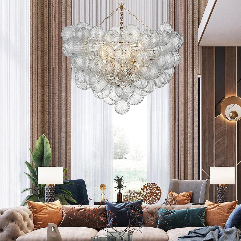 Longree Nordic Bubble Ball Swirled Glass Chandelier, Dia 36 inch Gild Gold and Clear Blown Glass Large Pendant Light Fixture for Bedroom Study Restaurant Entry Room