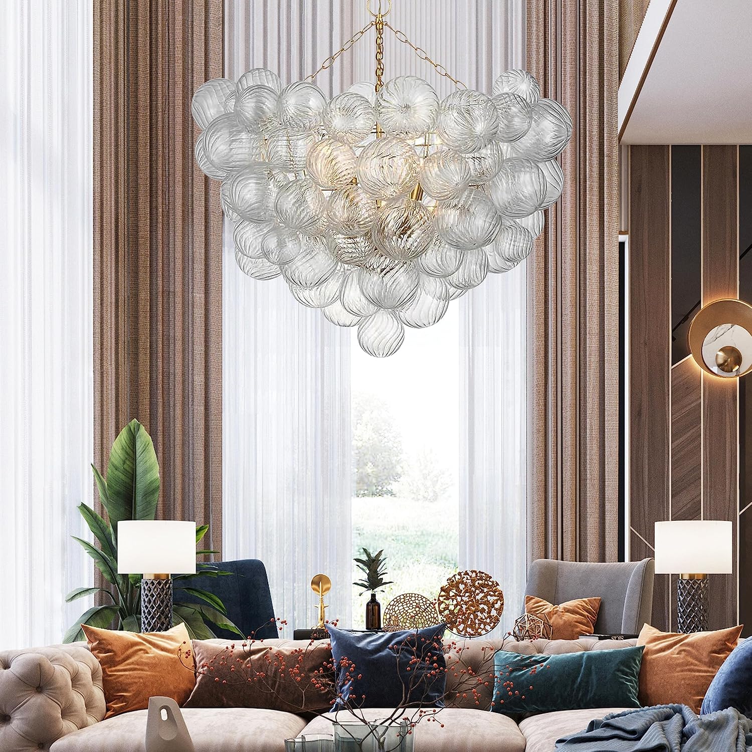 Longree Nordic Bubble Ball Swirled Glass Chandelier, Dia 36 inch Gild Gold and Clear Blown Glass Large Pendant Light Fixture for Bedroom Study Restaurant Entry Room