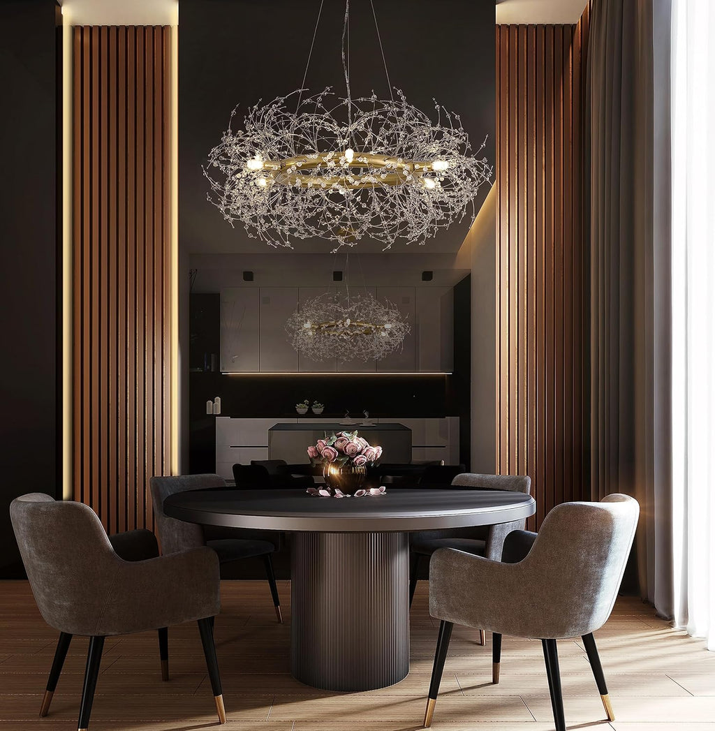 Macarena Gold Crystal Chandelier Firework,Modern Round Dinning Room Light Fixture,16inch Wagon Wheel Light Fixture for Bedroom Living Room Closet Bathroom Kitchen Island Hallway Entryway