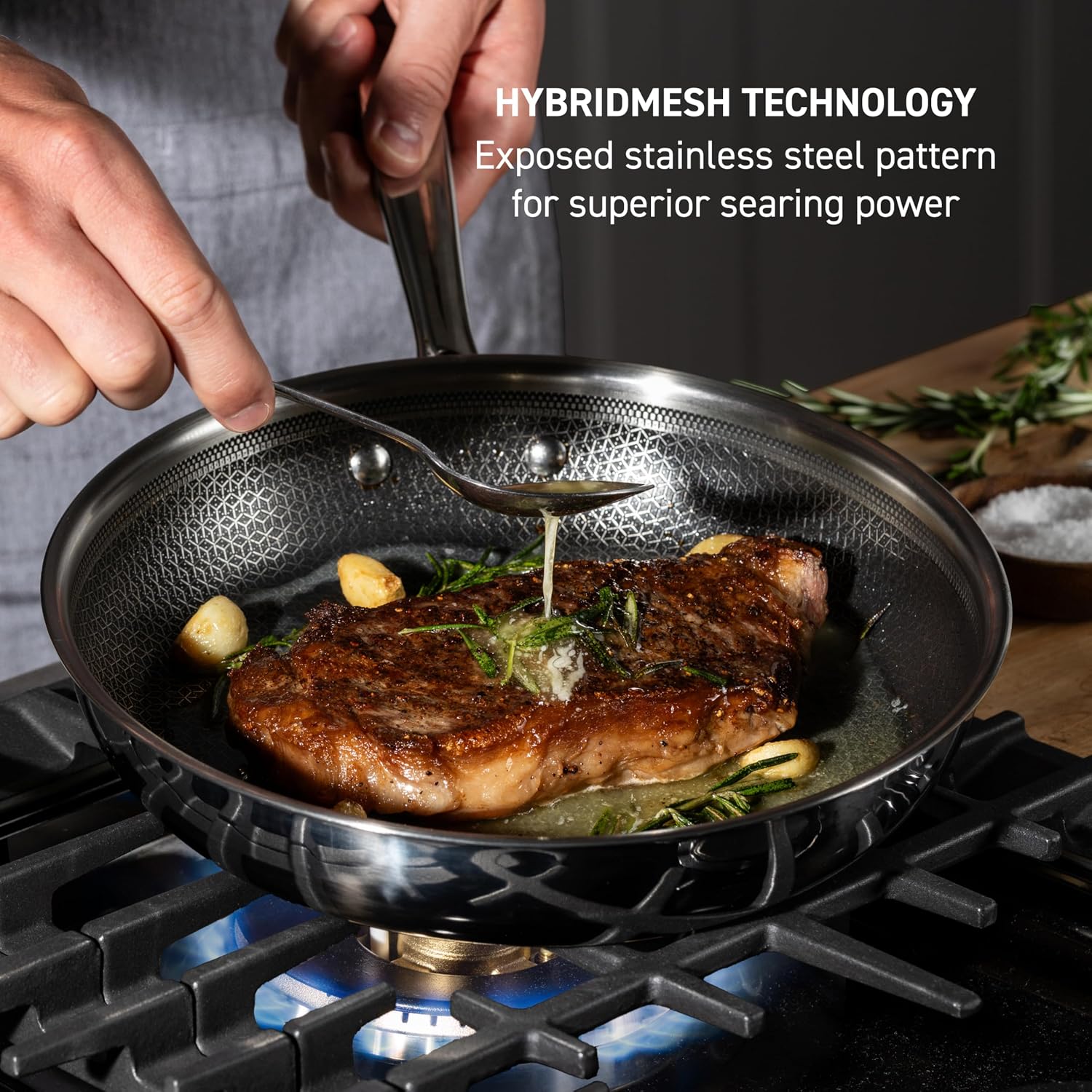 T-fal HybridMesh Tri-Ply Stainless Steel 3 Piece Frypan Cookware Set, 8, 10.25, 12 Inch, Induction Oven Safe 500F, Metal Utensil Safe, Pots and Pans, Dishwasher Safe, Needs Pre-Heating, Silver/Black