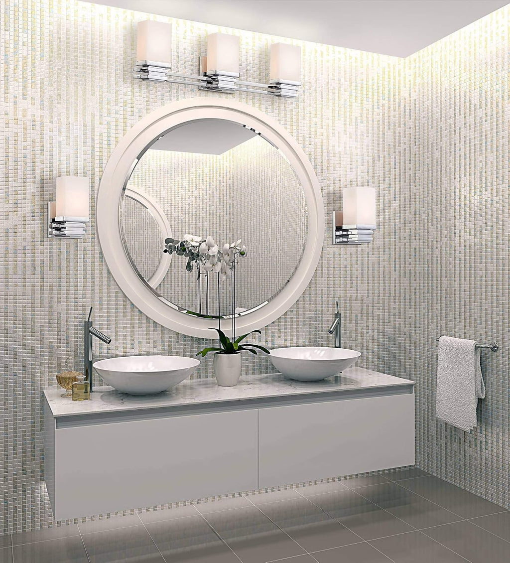 Possini Euro Design Bennett Modern Wall Light Chrome Silver Hardwired 22' Wide 3-Light Fixture Mounted Etched White Opal Glass Rectangular Shade Bathroom Vanity Mirror House Home Hallway Room Decor