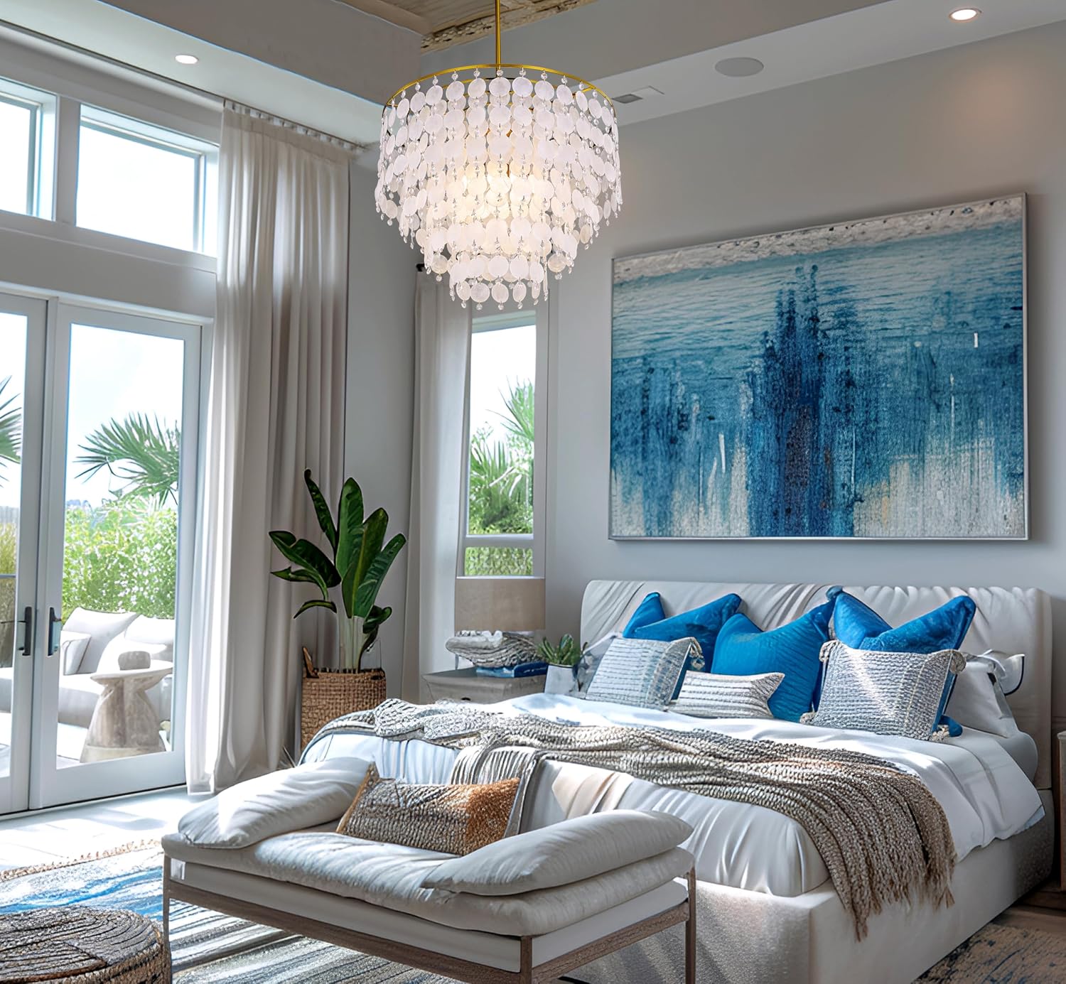 TOCHIC Natural Capiz Shell Chandelier, 6-Light Gold Modern Coastal Chandelier Light Fixture for Dining Room, Hanging Boho Round Beach Shell Pendant Light for Living Room, Bedroom, Kitchen, Foyer, 24'W