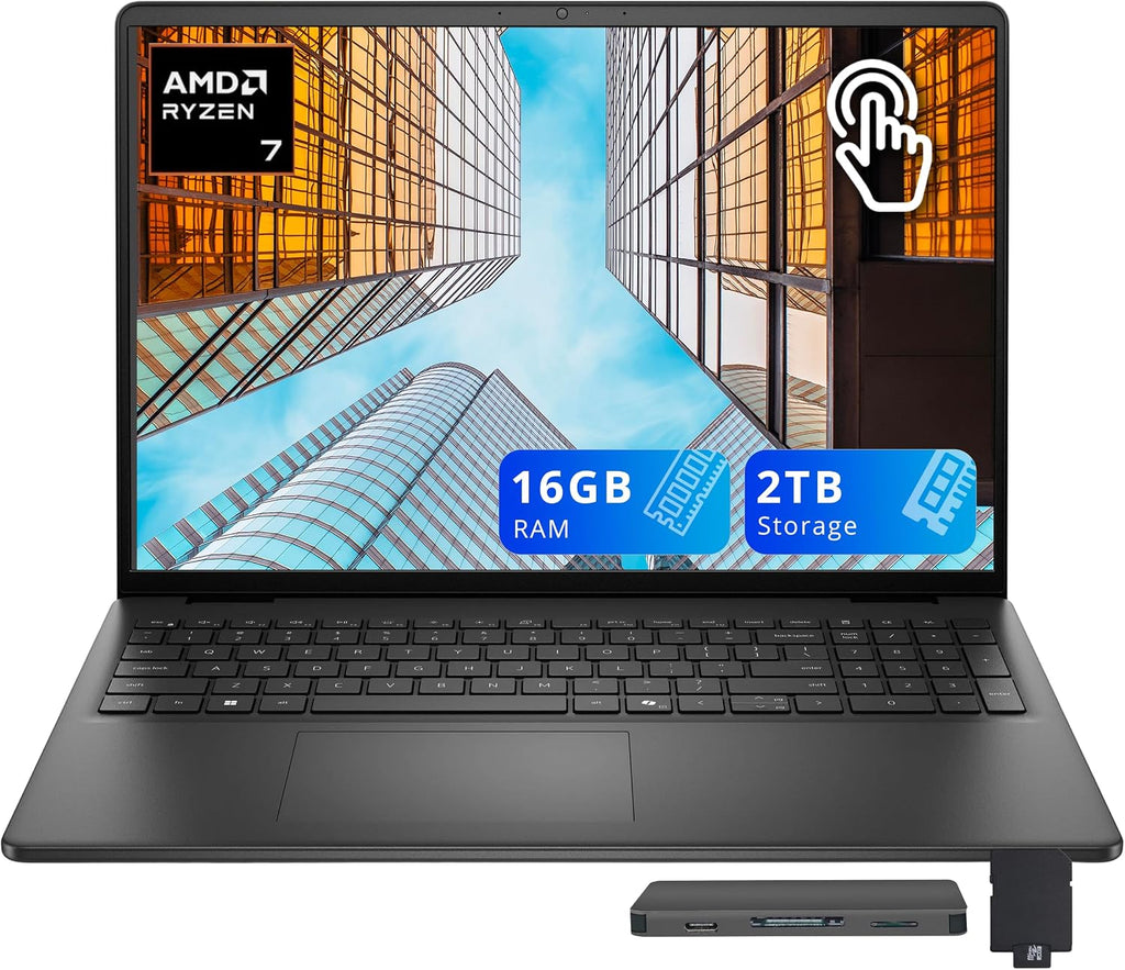 Dell 16' FHD+ Touchscreen Business Laptop, AMD Ryzen 7 250 Processor, 16GB DDR5, 2TB Storage(1TB SSD+1TB Docking Station Set), AMD Radeon Graphics, Backlit Keyboard, HD Camera, Wi-Fi 6, Win 11, Black