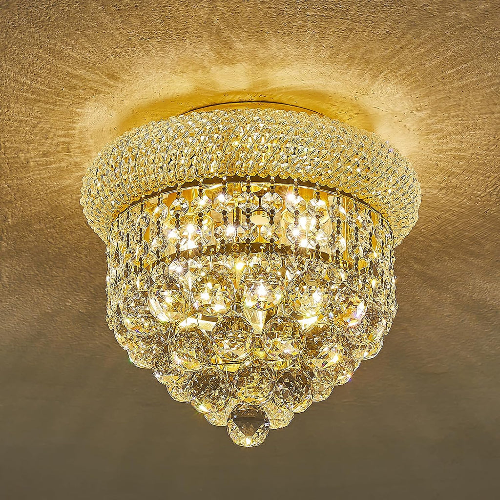 3 - Light Flush Mount Crystal Chandelier for Bathroom Hallway Entryway Closet Bedroom Laundry Gold Finish
