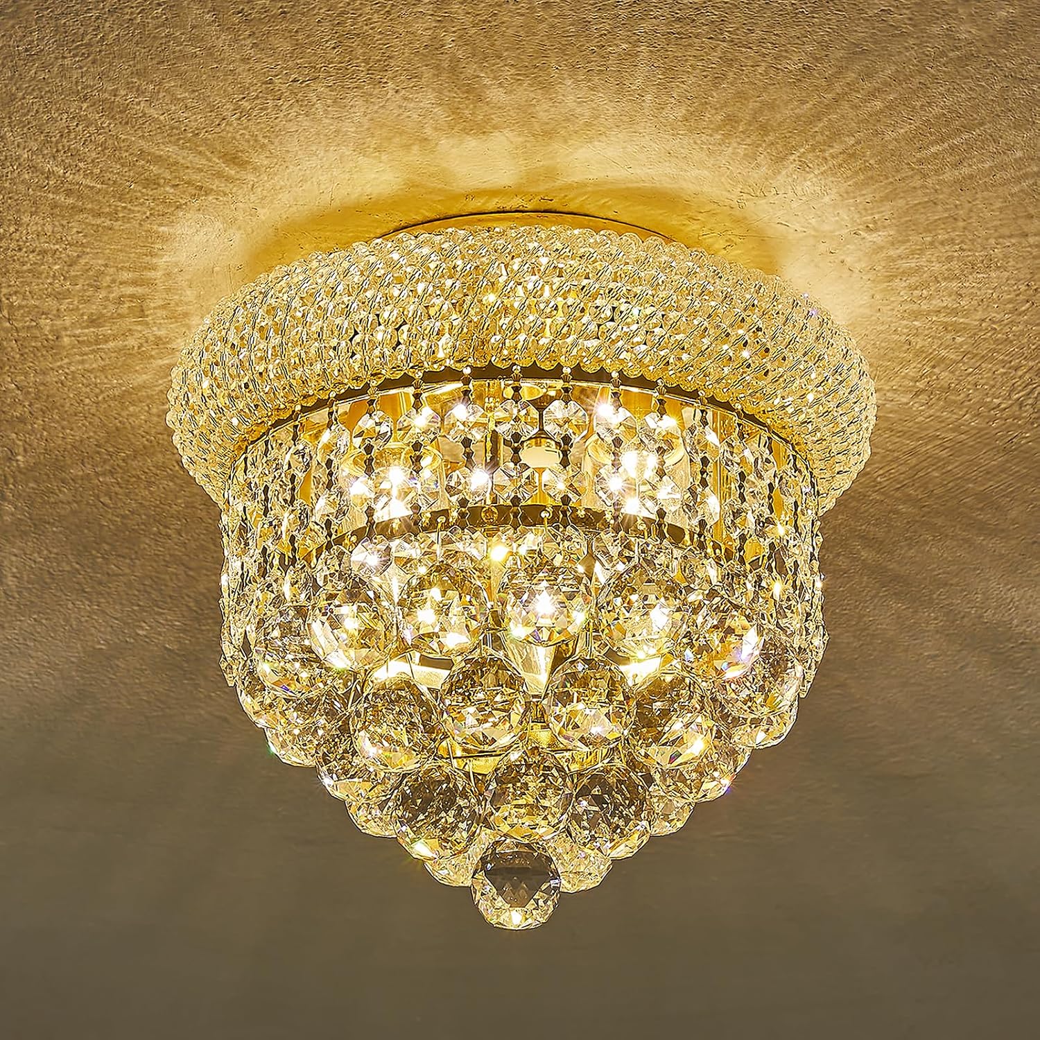 3 - Light Flush Mount Crystal Chandelier for Bathroom Hallway Entryway Closet Bedroom Laundry Gold Finish