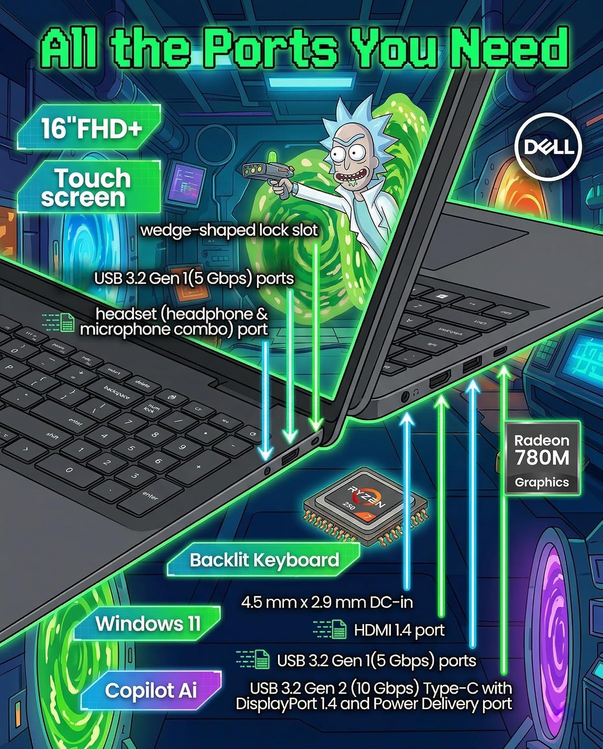 Dell 16 Touchscreen Business Laptop - LDC16255 - AMD Ryzen 7 250 (Beat Core 7 150U) | 32GB DDR5 + 1TB SSD | AI Copilot Key | 16' FHD+ Display |Backlit KB|Win 11 Pro| Carbon Black