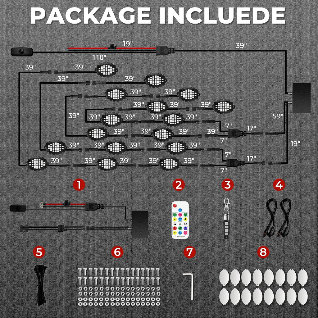 16 Pods Metal Aluminum RGB Rock Lights for Trucks Jeep UTV SUV ATV Golf Cart, Multi Chasing Color App/Remote Control Led Rock Lights with Music Mode, Waterproof Underglow Kits for Cars(Patented)