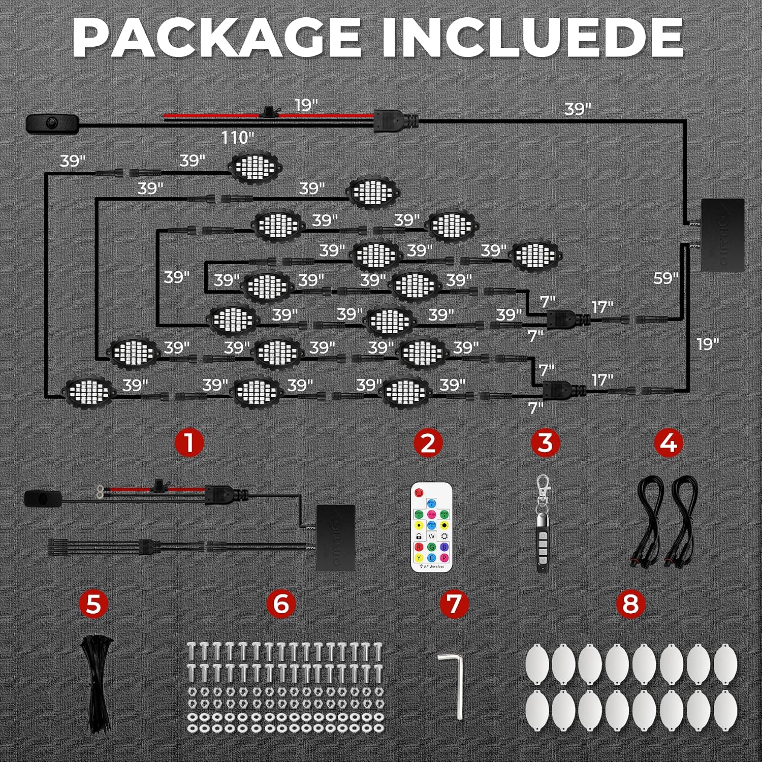 16 Pods Metal Aluminum RGB Rock Lights for Trucks Jeep UTV SUV ATV Golf Cart, Multi Chasing Color App/Remote Control Led Rock Lights with Music Mode, Waterproof Underglow Kits for Cars(Patented)
