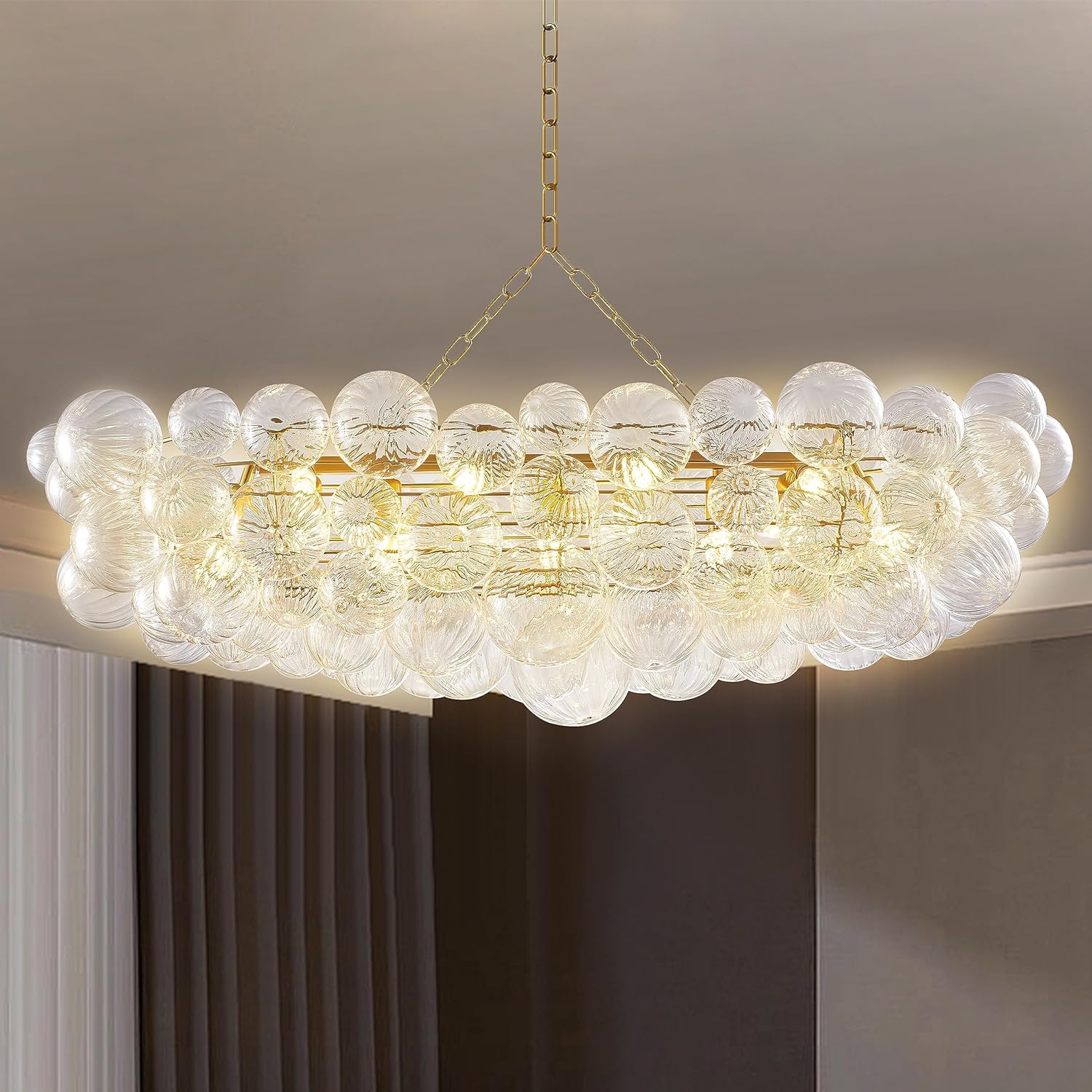 Nordic Bubble Ball Swirled Glass Chandelier, 36' Long Rectangular Chandeliers Island Light Fixture Gold and Clear Blown Glass Large Pendant Light Fixture for Bedroom Study Restaurant Dining Table