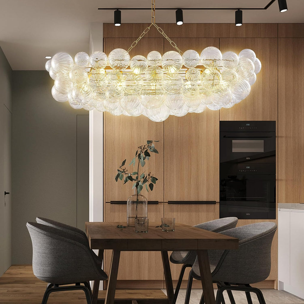 Longree Nordic Bubble Ball Swirled Glass Chandelier Long 50 inch Rectangular Island Light Fixture Gold and Clear Blown Glass Lighting for Dining Table, Living Room