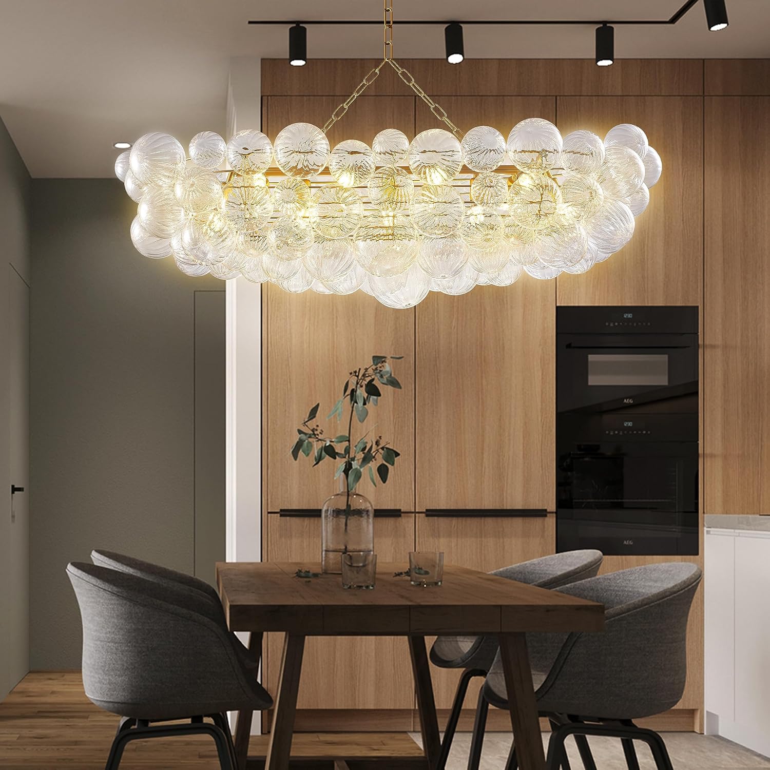 Nordic Bubble Ball Swirled Glass Chandelier, 36' Long Rectangular Chandeliers Island Light Fixture Gold and Clear Blown Glass Large Pendant Light Fixture for Bedroom Study Restaurant Dining Table