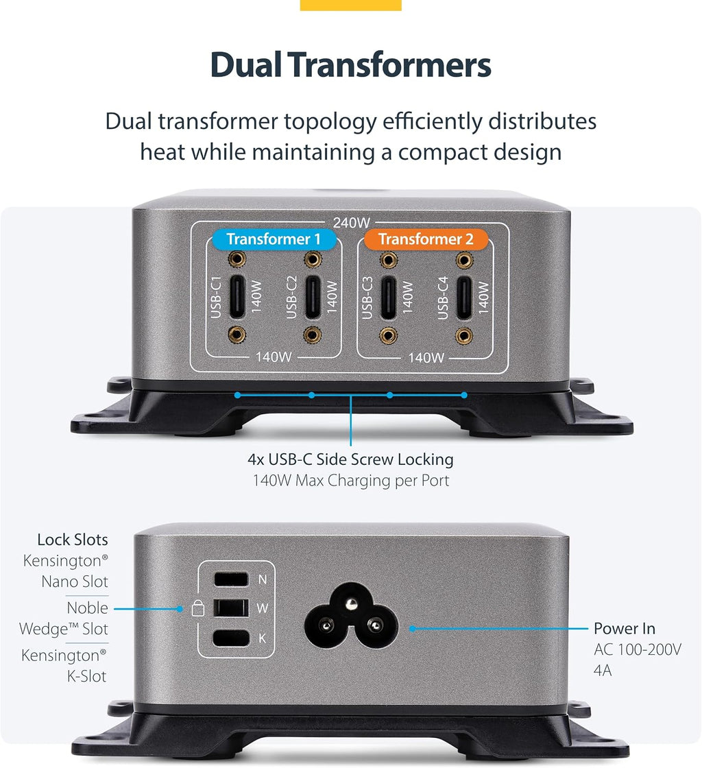 StarTech.com 4-Port USB-C Charging Station, 240W GaN Charger Block for MacBook Pro/Air, iPhone 16/15/Pro, iPad Pro, Dell XPS, Pixel and More