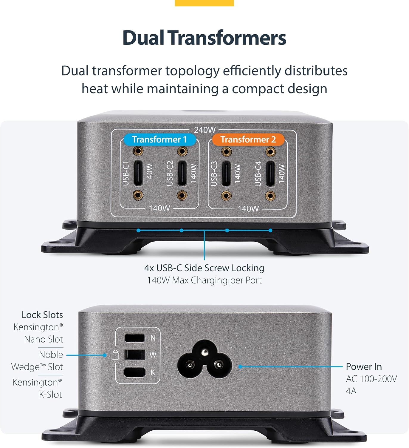 StarTech.com 4-Port USB-C Charging Station, 240W GaN Charger Block for MacBook Pro/Air, iPhone 16/15/Pro, iPad Pro, Dell XPS, Pixel and More