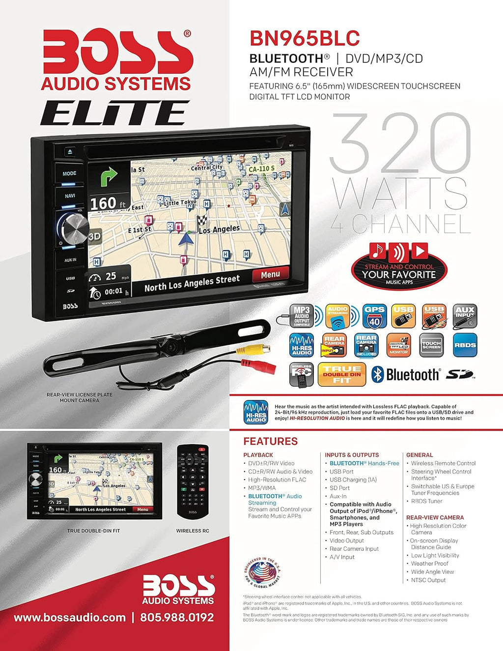BOSS Audio Systems Elite BN965BLC Car GPS Navigation DVD Player - Double Din, Bluetooth Audio and Calling, 6.5 Inch LCD Touchscreen Monitor, MP3/CD/DVD/USB/SD, Aux-in, AM/FM Radio Receiver (Renewed)