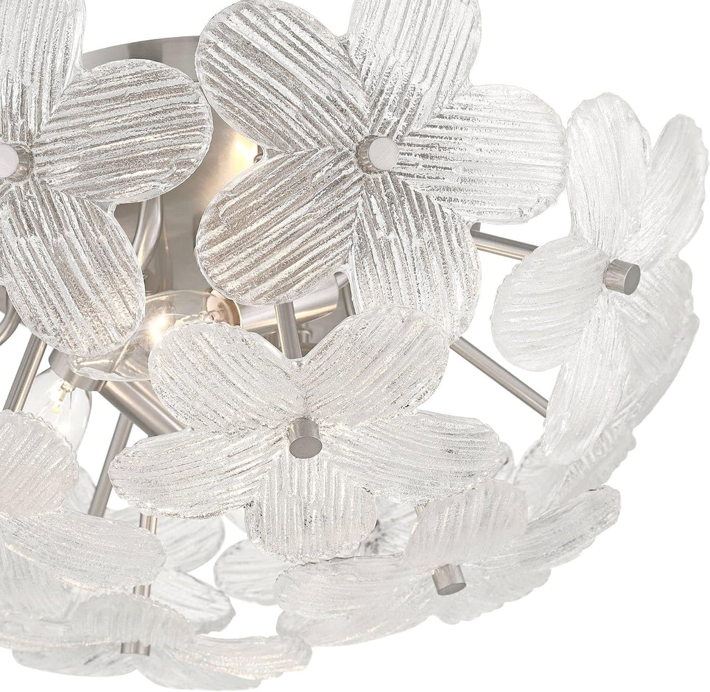 Possini Euro Design Filoli 16' Modern Semi Flush-Mount Ceiling Light Fixture Kitchen Foyer Hallway Flower Unique Silver Brushed Nickel Finish Glass Metal Bedroom Bathroom Entryway Living Room Indoor