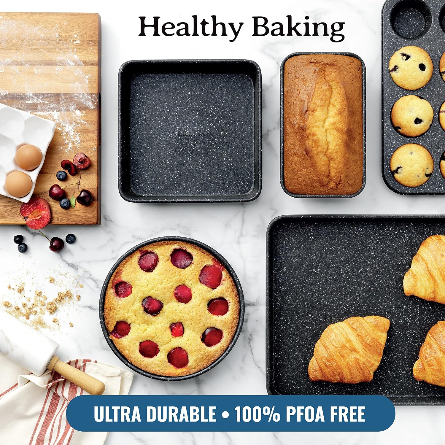 Granitestone 20-Piece Nonstick Pots and Pans Set with Bakeware & Steamer, Diamond-Reinforced Cookware Set, Deep Frying Pan, Non-Toxic PFOA PFOS Free, Metal Utensil Safe, Dishwasher & Oven Safe, Red
