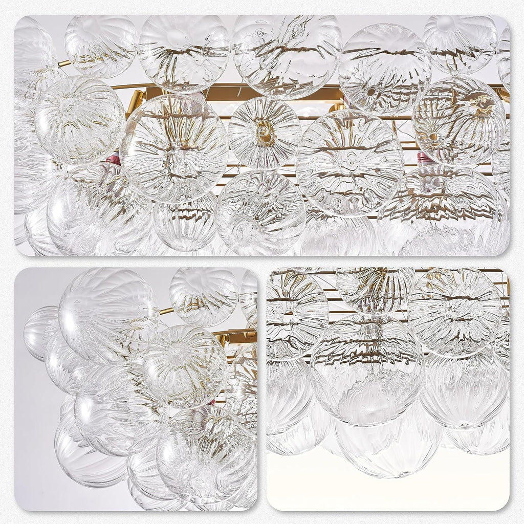 Nordic Bubble Ball Swirled Glass Chandelier, 36' Long Rectangular Chandeliers Island Light Fixture Gold and Clear Blown Glass Large Pendant Light Fixture for Bedroom Study Restaurant Dining Table