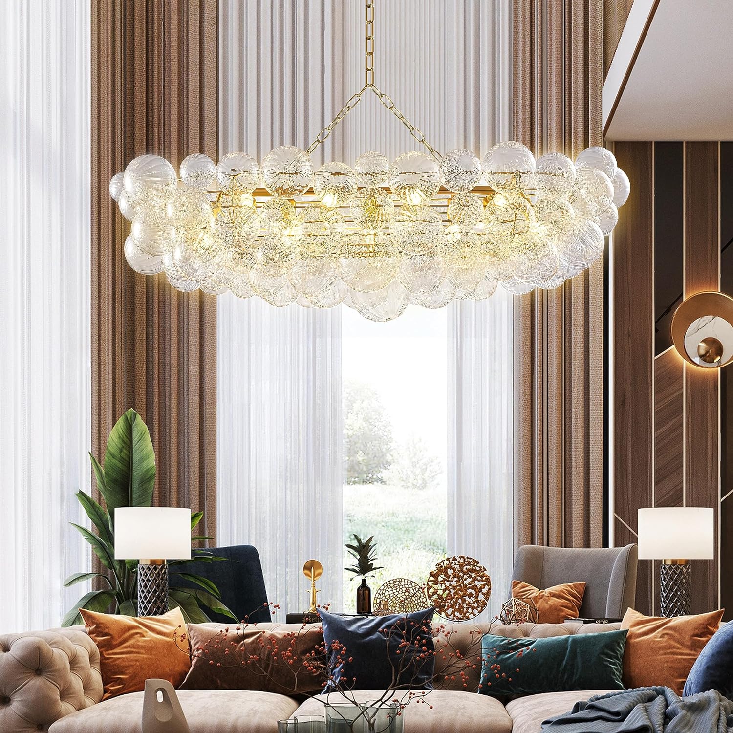 Longree Nordic Bubble Ball Swirled Glass Chandelier Long 50 inch Rectangular Island Light Fixture Gold and Clear Blown Glass Lighting for Dining Table, Living Room